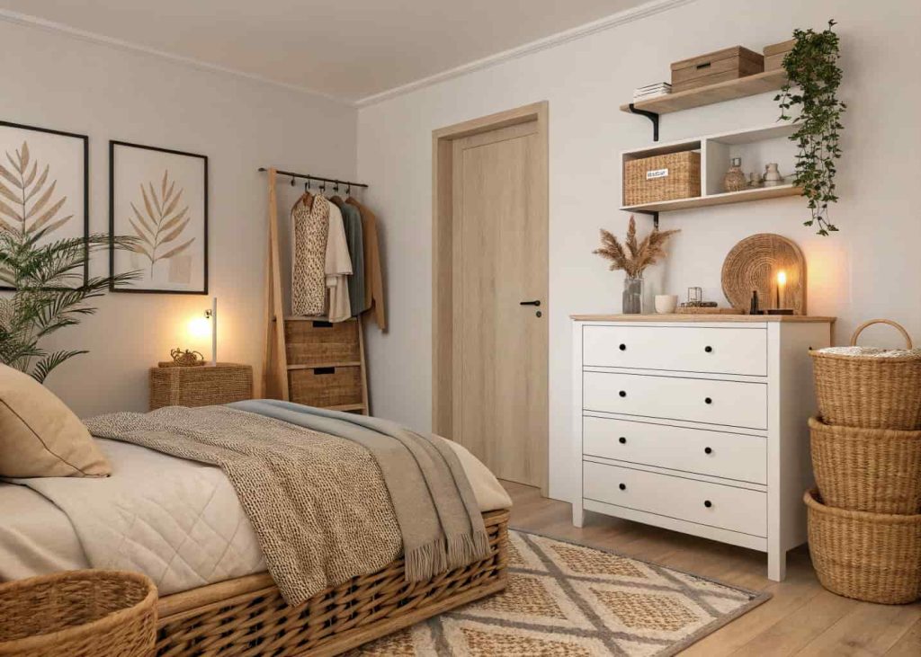 Tidy cozy bedroom with woven baskets for storage, minimal clutter, warm neutral tones, soft bedding, organized dresser with a few beautiful objects, warm lighting, Scandinavian minimal boho aesthetic, interior photography
