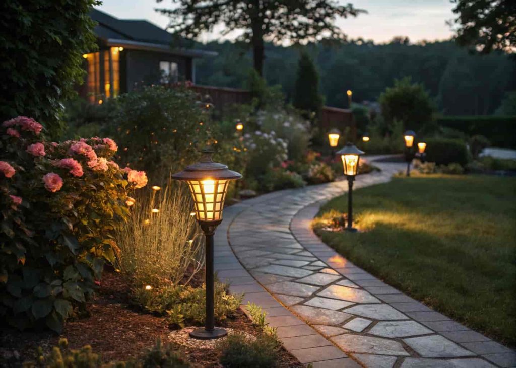 A front yard garden pathway softly lit by solar-powered stake lights at dusk, warm golden glow, flowers and shrubs visible in the background, peaceful suburban evening atmosphere, realistic garden photography with moody lighting.