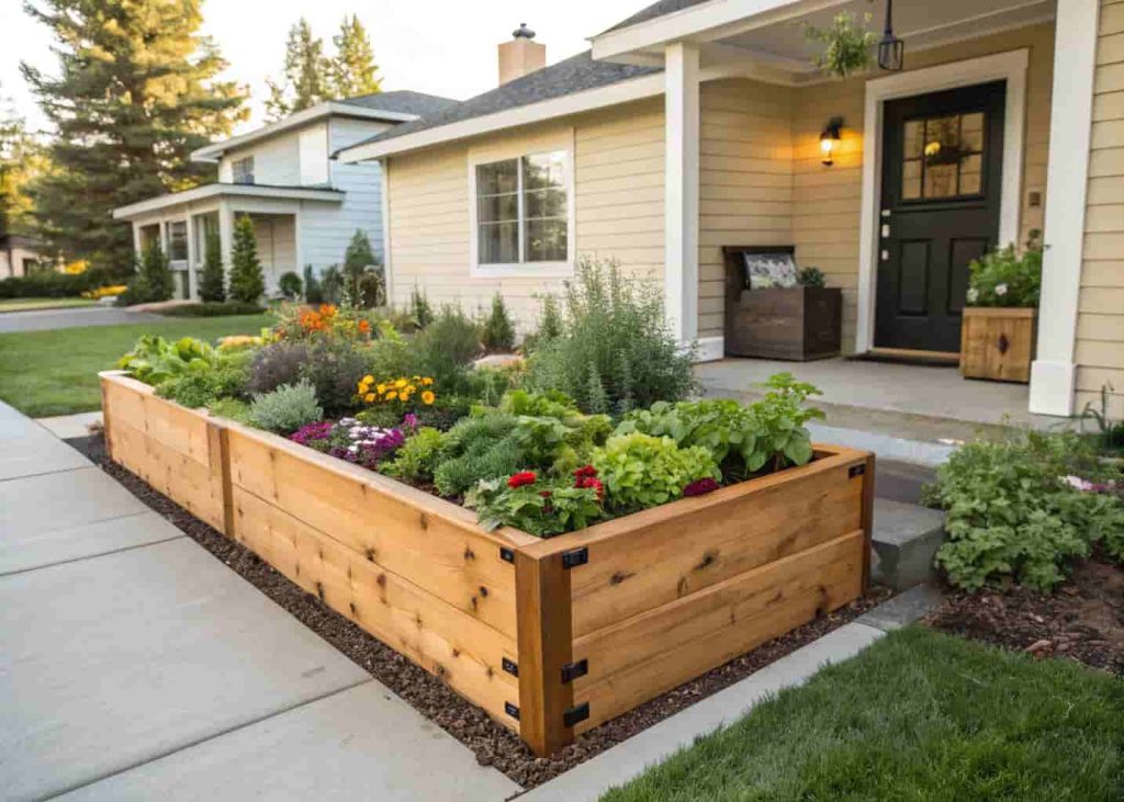 A neatly built small wooden raised garden bed near a front home entrance, filled with colorful flowers and green herbs, clean timber construction, suburban house in the background, bright daylight, realistic garden photography.