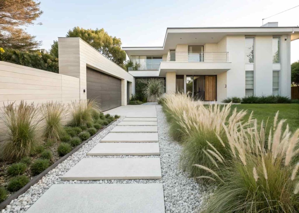 A minimalist front yard with white gravel ground cover, three tall ornamental grasses in a row, a straight concrete pathway, and a modern two-story home in the background, bright natural daylight, wide-angle photography style.
