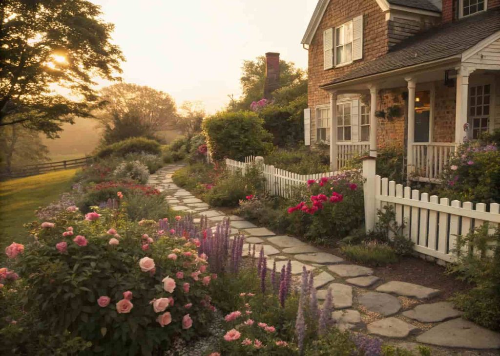 A charming cottage-style front yard with overflowing flower beds of roses, lavender, and foxglove, a white picket fence, a winding stone pathway, and a classic two-story brick home in the background, golden hour lighting, soft photography.