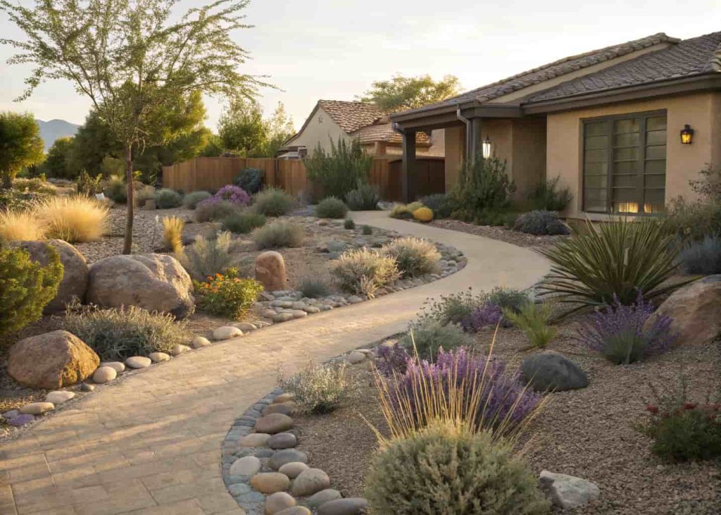 A xeriscaped front yard with decorative river rocks, succulents, lavender, yucca plants, and ornamental grasses arranged naturally, sandy gravel pathway, warm sunny afternoon lighting, professional landscape photography.
