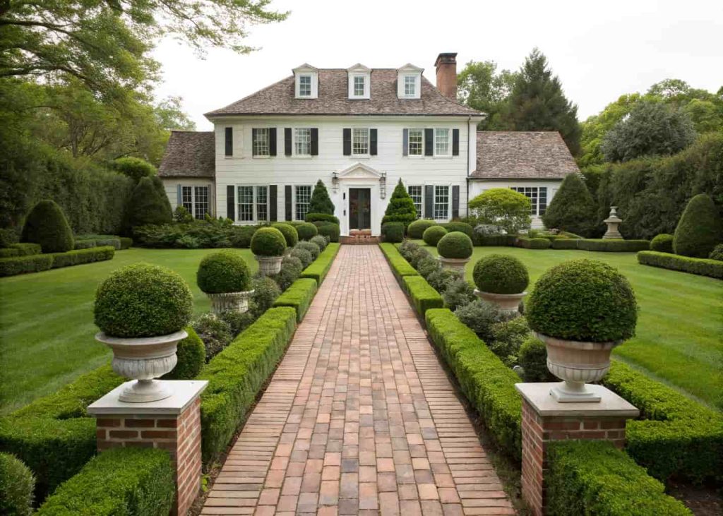 A symmetrical formal front yard with matching boxwood topiaries on both sides of a straight brick pathway, perfectly trimmed lawn panels, identical flower urns at the entrance, and a classic Colonial-style white home, soft overcast daylight, architectural photography.