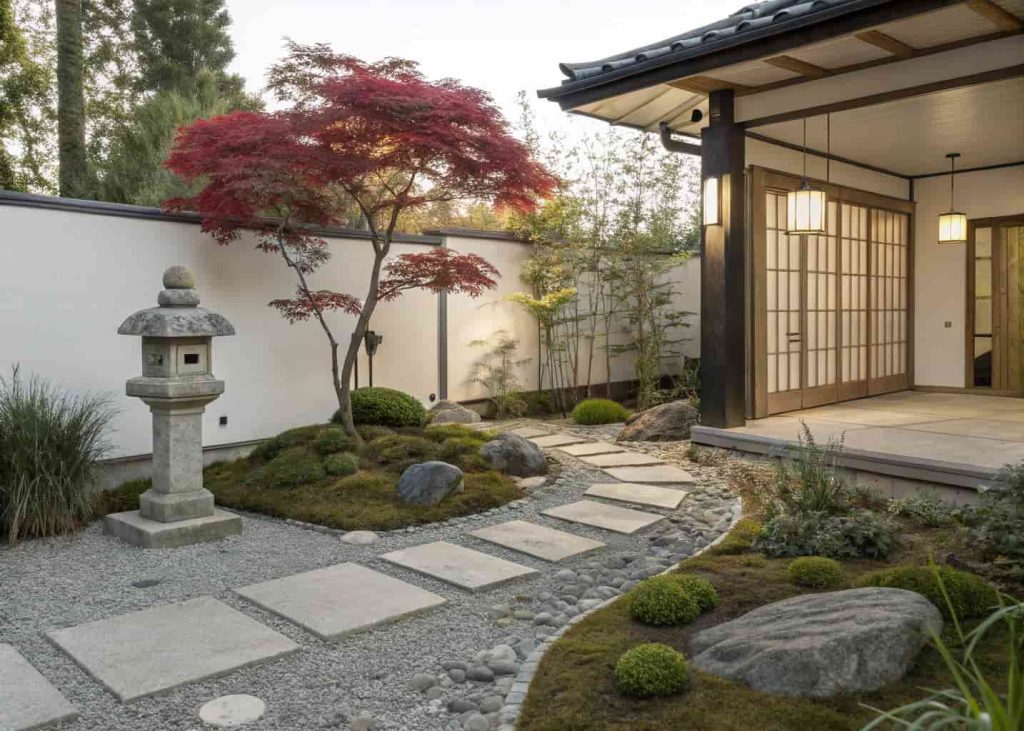 A Japanese Zen-inspired front yard with raked gravel, moss-covered boulders, a Japanese maple tree with red foliage, a stone lantern beside a stepping stone path, low bamboo plants, and a simple modern home in the background, soft morning light photography.