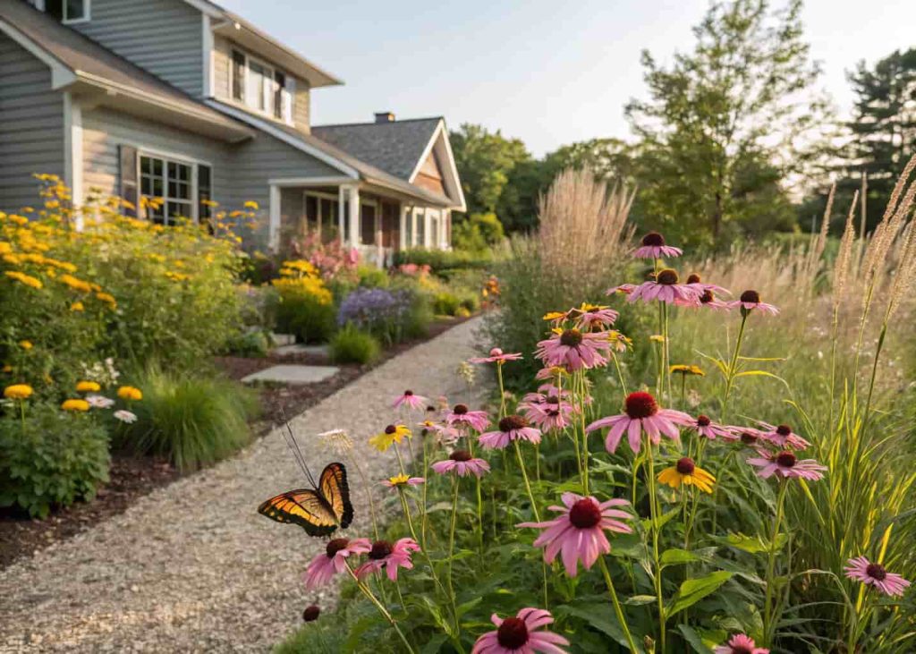 A front yard planted entirely with native wildflowers including coneflowers, black-eyed Susans, and native grasses, butterflies visible on blooms, natural mulch pathway, modest craftsman-style home in background, bright summer daylight, lifestyle photography.