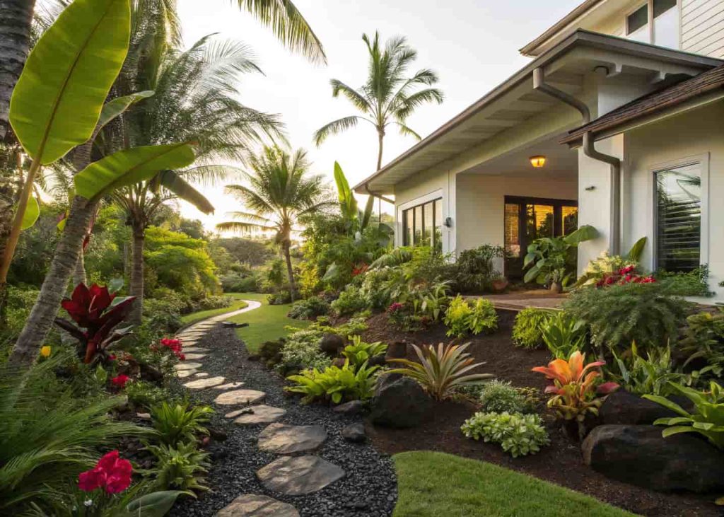 A lush tropical front yard with bird of paradise, elephant ear plants, a tall queen palm, dark lava rock ground cover, hibiscus flowers, a curved pathway with solar lights, and a white modern stucco home, bright tropical sunlight photography.
