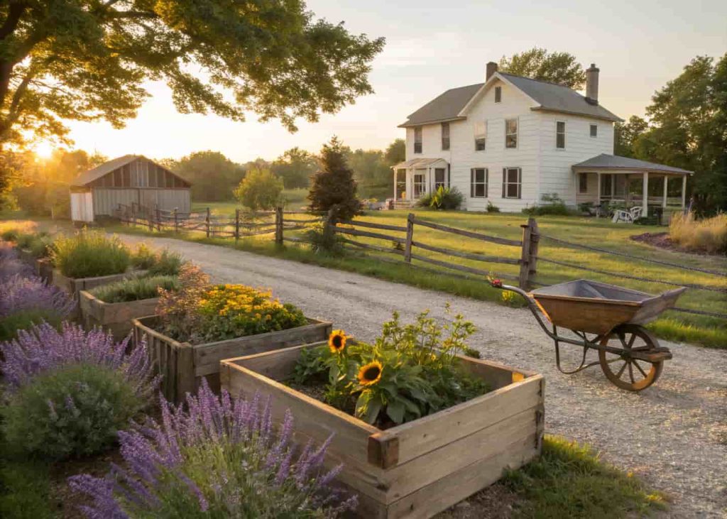 A rustic farmhouse front yard with wooden raised planting beds, lavender and sunflowers, a split-rail wooden fence, gravel pathway, a vintage wheelbarrow used as a planter, and a classic board-and-batten farmhouse in the background, golden afternoon light photography.