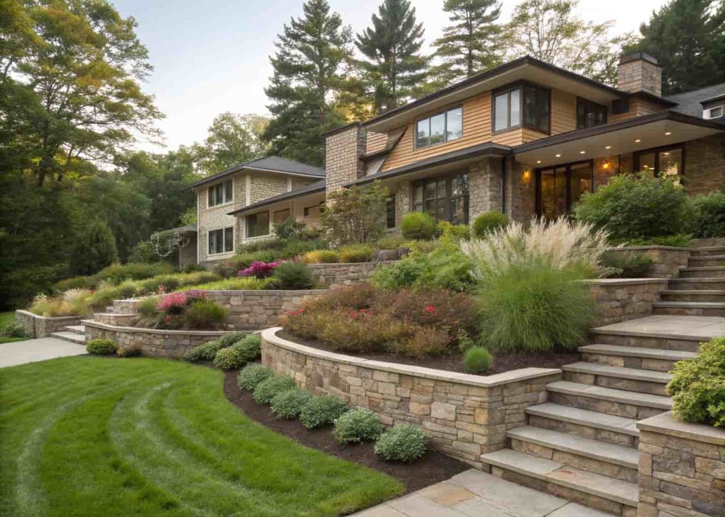 A terraced sloped front yard with stacked stone retaining walls on three levels, ornamental grasses on top, flowering shrubs in the middle, ground cover at the base, stone steps leading up to the front door, a mid-century modern home in background, professional landscape photography.