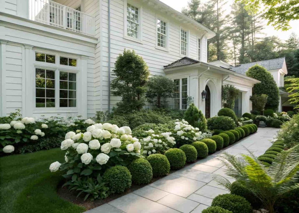 A monochromatic white-and-green front yard with white hydrangeas, white roses, hostas, ferns, and clipped boxwood hedges, soft diffused daylight, beautiful shadows on a clean white home exterior, fine art landscape photography.