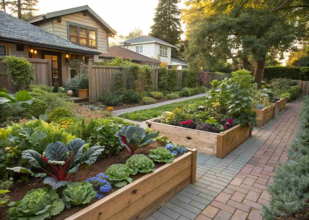A beautiful edible front yard with raised timber garden beds, rainbow chard, kale, blueberry bushes, strawberry ground cover, an espaliered apple tree against a wood fence, a herb border along a brick pathway, and a cozy craftsman home, bright morning light photography.