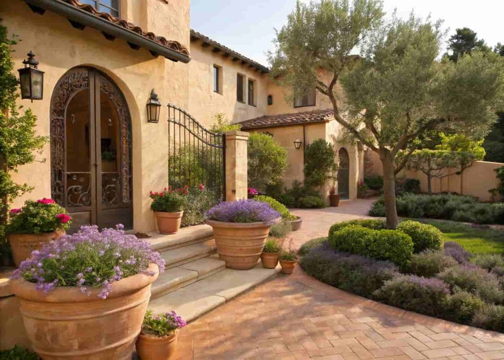 A Mediterranean-style front yard with terracotta planters of geraniums, mass-planted lavender borders, a small olive tree, low rosemary hedges, warm terracotta paver pathway, an iron gate entrance, and a stucco home with arched windows, bright afternoon sunlight photography.