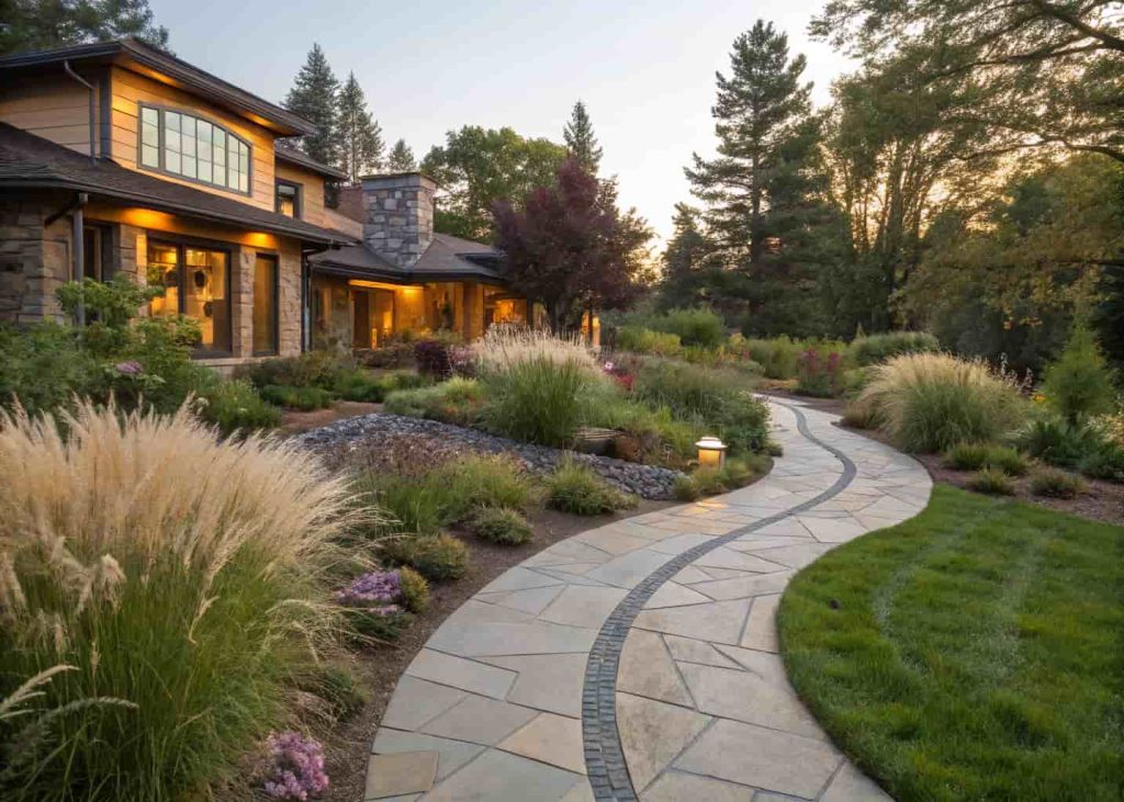 A gently curving stone pathway bordered on both sides with layered mixed plantings of tall ornamental grasses, flowering perennials, and low ground cover, steel edging defining the borders, leading to a modern craftsman home, soft golden hour lighting, professional garden photography.