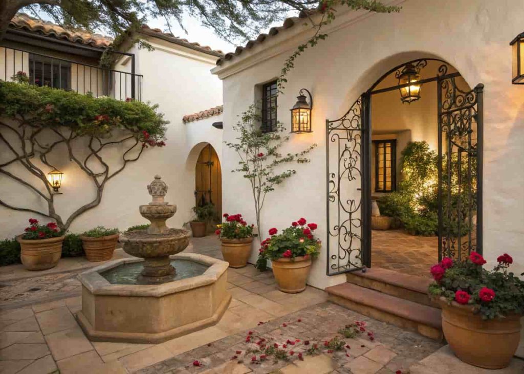 A courtyard-style front yard enclosed with low white stucco walls, a small stone fountain as focal point, terracotta pots with colorful flowers, jasmine climbing the walls, a decorative iron gate entrance, and a Spanish colonial home beyond, warm late afternoon lighting, architectural photography.