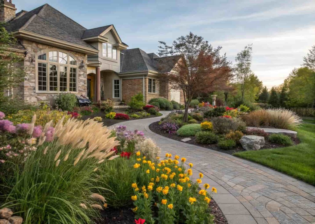 A front yard designed for four seasons of interest showing a split view of spring tulips, summer perennials, fall ornamental grasses with seed heads, and winter evergreens with berry-laden hollies, beautiful suburban home backdrop, natural lighting, creative composite landscape photography.