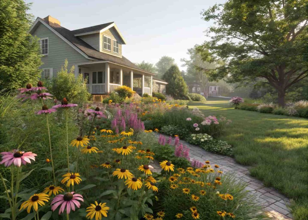 A lush front yard garden filled with native wildflowers like black-eyed Susans and purple coneflowers, a charming suburban house in the background, bright sunny day, photorealistic garden photography style