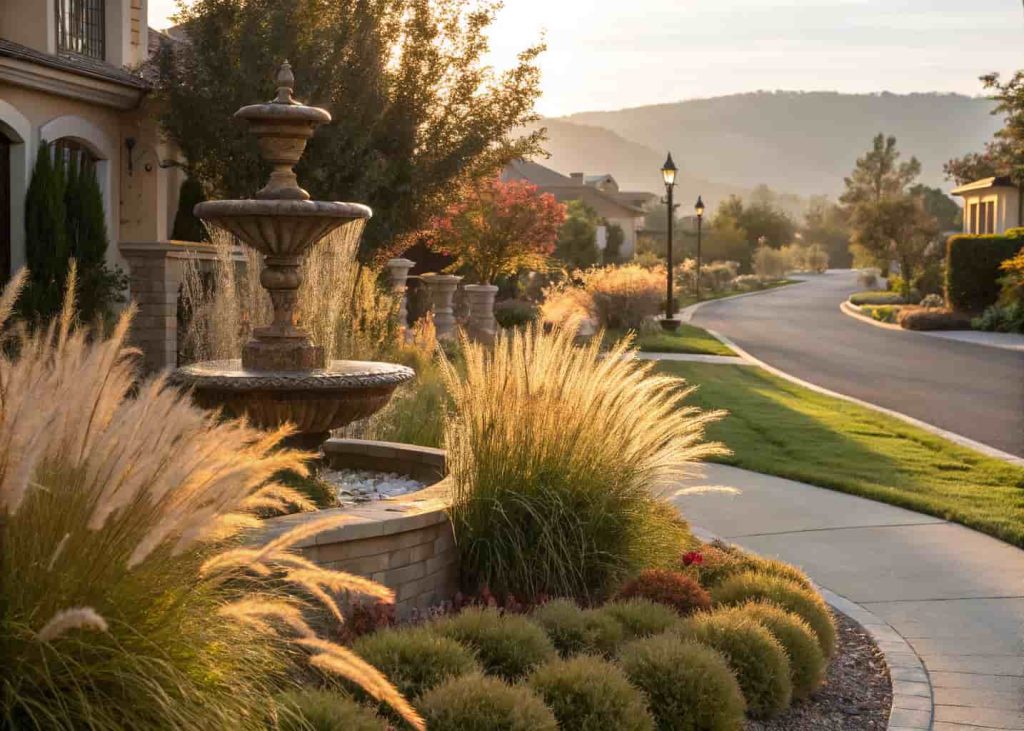 A beautiful front yard with flowing ornamental fountain grasses and feather reed grass catching golden afternoon light, residential street background, natural and elegant landscaping, photorealistic photography