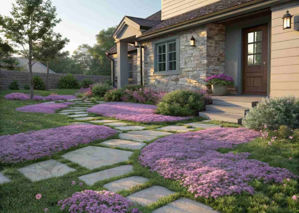 A front yard with creeping thyme and sedum ground cover replacing traditional grass, small purple flowers blooming, stepping stone path through the ground cover, sunny day, photorealistic garden photography