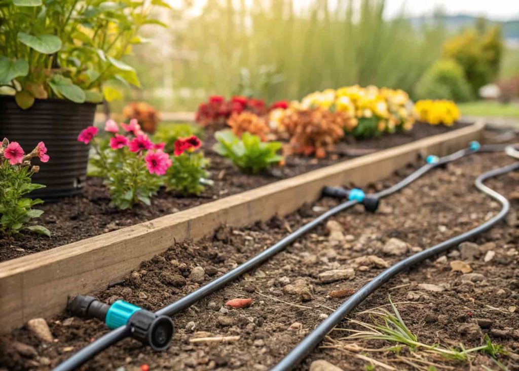 A garden bed with drip irrigation tubing and emitters visible at the base of flowering perennial plants, mulched soil, water droplets at emitter tips, clean and organized garden setup, photorealistic close-up