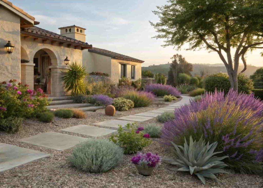 A sun-drenched front yard garden with lavender, Russian sage, and ornamental agave plants, gravel mulch between plants, Mediterranean-inspired low-maintenance landscape design, warm afternoon light, photorealistic