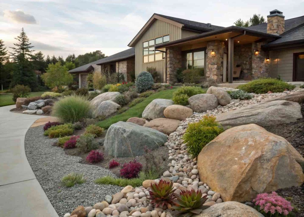 A beautiful front yard rock garden with large boulders, river stones, gravel, and alpine succulents and ornamental plants nestled between rocks, modern home exterior, photorealistic landscape photography