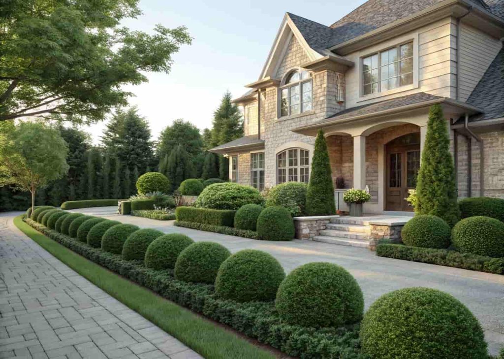 Neat evergreen boxwood and holly shrubs planted along the foundation of a charming suburban home, trimmed into gentle shapes, lush green foliage, manicured front yard, photorealistic landscape photo