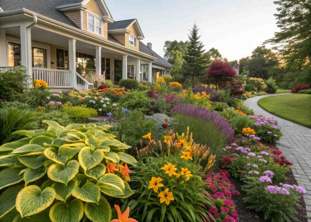 A colorful front yard perennial garden with daylilies, hostas, salvia and rudbeckia in full bloom, layered planting design, sunny suburban setting, lush and full garden beds, photorealistic photography style