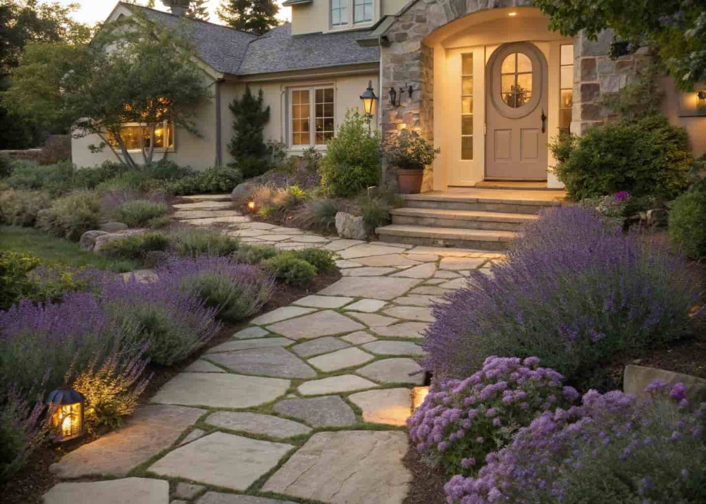 A charming front yard pathway made of irregular flagstone steps edged with creeping thyme and lavender, leading to a welcoming front door, lush garden on either side, golden hour lighting, photorealistic