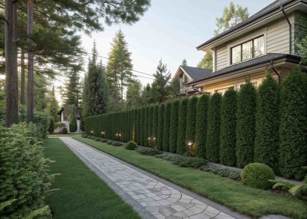 A lush green arborvitae privacy hedge along the front yard of a residential home, neatly trimmed, providing green wall effect, natural light, elegant and manicured front yard, photorealistic garden photo
