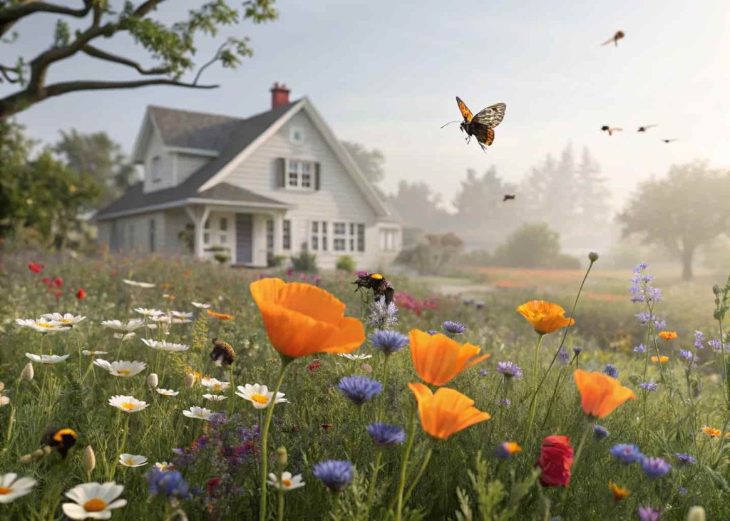 A magical front yard wildflower meadow with California poppies, cosmos, cornflowers and clover in full bloom, bees and butterflies visible, soft natural light, cottage-style suburban home in background, photorealistic