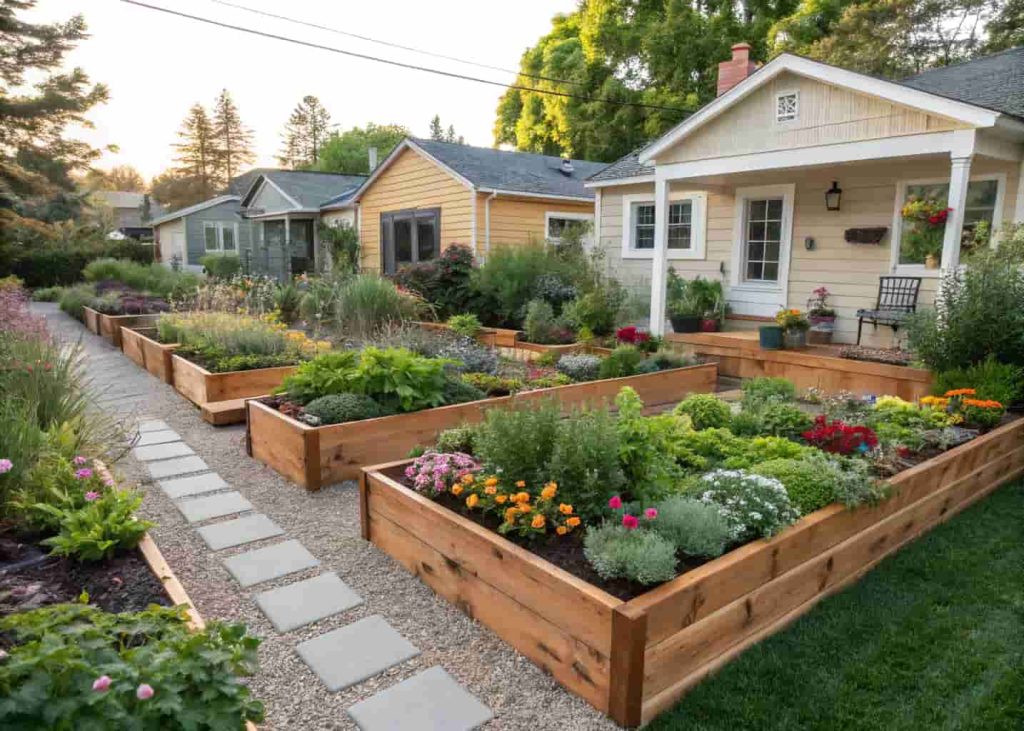 Neatly built cedar raised garden beds in a residential front yard, filled with colorful perennial flowers and herbs, clean mulched paths between beds, bright daylight, well-organized and inviting garden, photorealistic