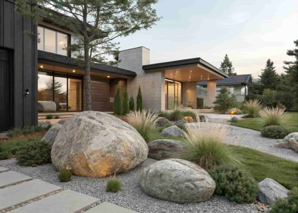 Large natural granite boulders used as focal point features in a modern front yard landscaping design, surrounded by ornamental grasses and ground cover, gravel mulch, sleek residential home exterior, photorealistic
