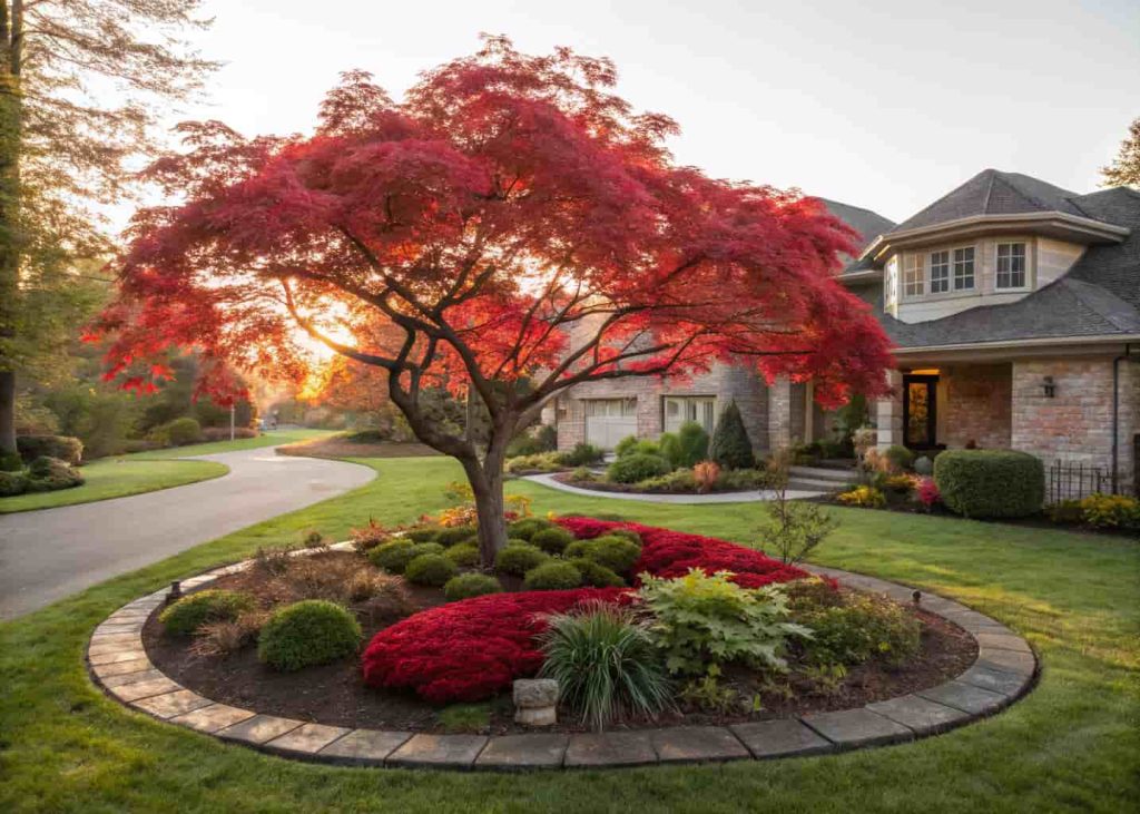 A stunning Japanese maple tree as a centerpiece in a front yard garden, vibrant red autumn foliage, circular mulch bed underneath with low perennials, elegant residential home, golden hour light, photorealistic landscape photo