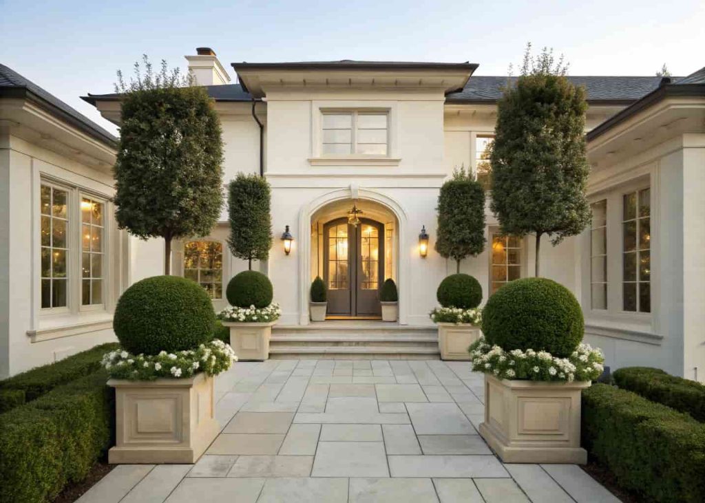 A beautifully symmetrical front yard entry with matching boxwood topiaries flanking either side of a front door, identical container planters with seasonal flowers, perfectly mirrored plantings, elegant home exterior, photorealistic