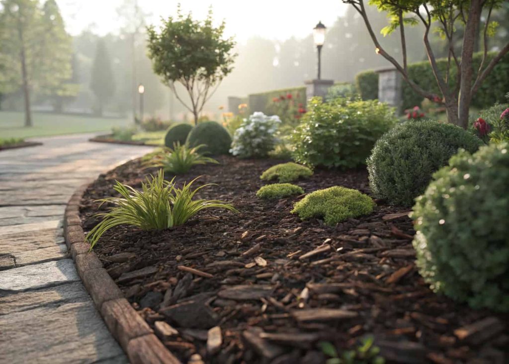 Close-up of a neatly mulched garden bed with dark brown wood chip mulch around green shrubs and perennial plants, soft morning light, clean suburban garden aesthetic, photorealistic