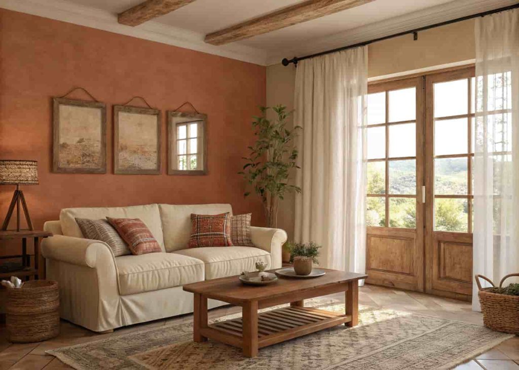 A cozy cottage living room with warm beige and terracotta walls, cream linen sofa, soft natural light coming through sheer curtains, wooden coffee table, earthy neutral tones throughout, photorealistic, warm afternoon glow