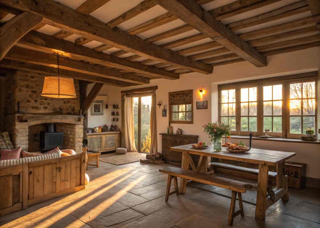 Rustic cottage interior with exposed wooden ceiling beams, reclaimed wood furniture, warm sunlight, natural grain textures, earthy tones, cozy and inviting, interior design photography, golden hour lighting