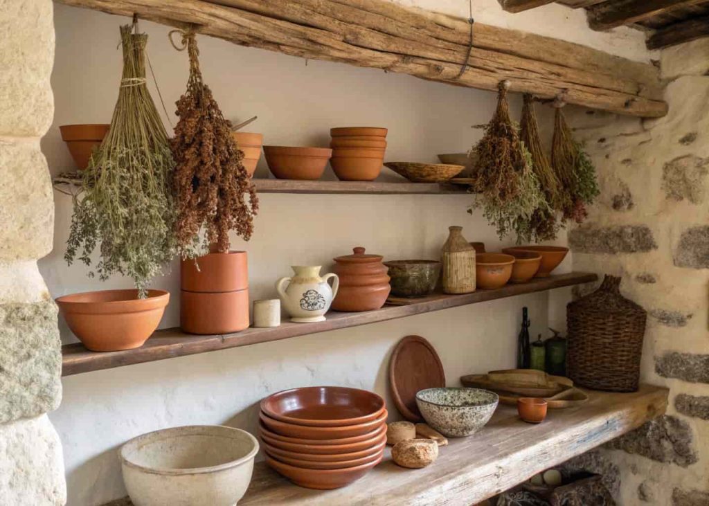 Earthy cottage kitchen shelf with terracotta pots, handmade ceramic bowls, stone accents, dried herbs hanging, warm earthy colors, rustic natural textures, cozy home interior, soft natural light