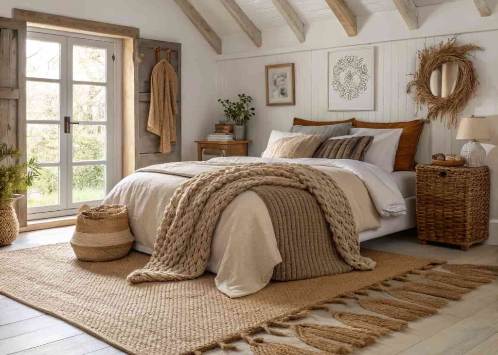 Cozy cottage bedroom with layered linen bedding, chunky knit throw, jute rug, woven cushions in earthy tones, warm soft light, natural fabric textures, organic and relaxed styling, interior photography