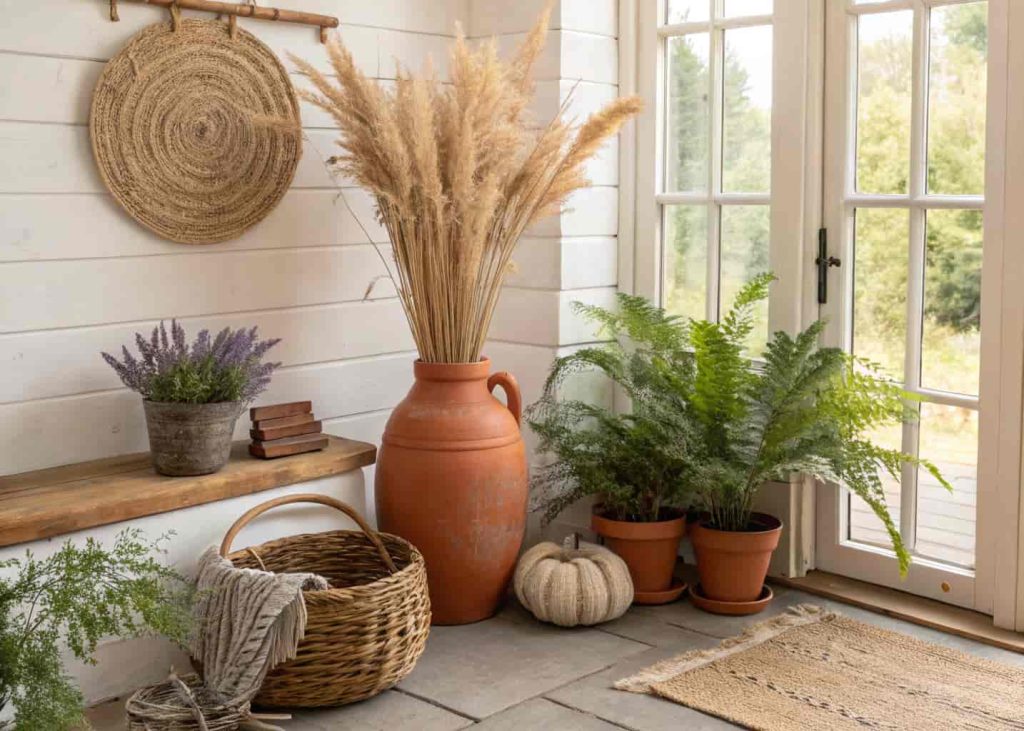 Cottage home corner with dried pampas grass in terracotta vase, hanging dried lavender bunches, potted ferns, natural woven basket, earthy botanical styling, warm natural light, cozy and organic feel