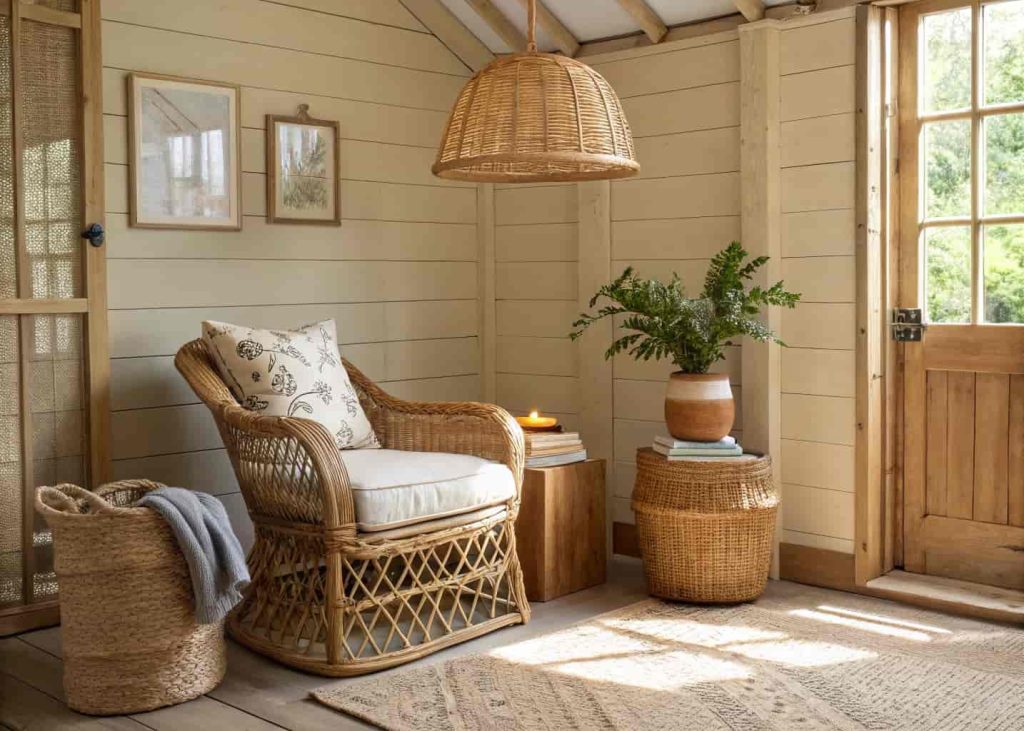 Bright cottage reading nook with rattan armchair, wicker side table, linen cushions, warm earthy tones, potted plant nearby, rattan pendant lamp, cozy natural light, interior lifestyle photography