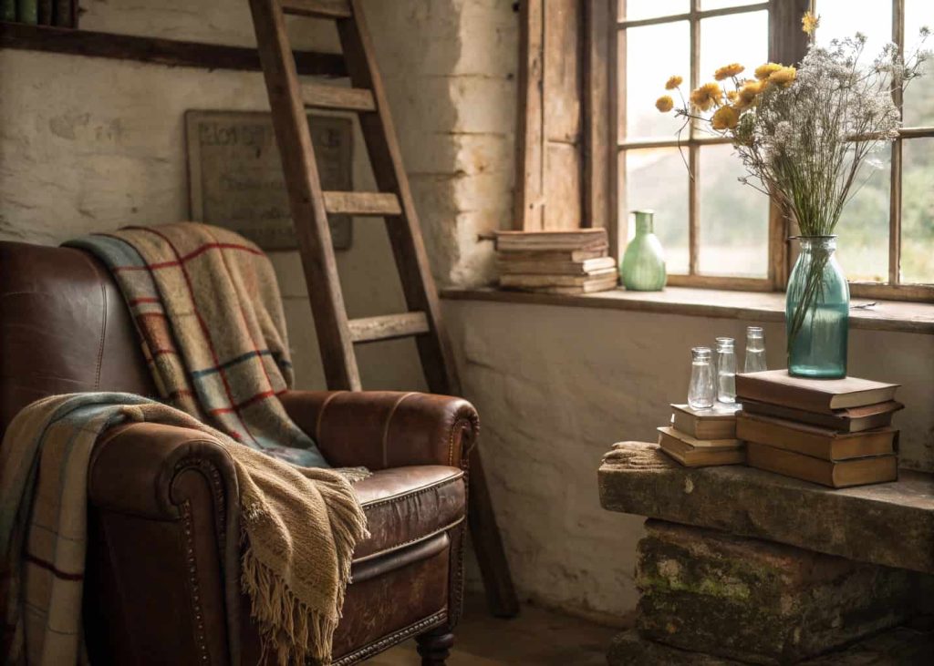 Cottage interior with vintage antique decor, old leather armchair, worn wooden ladder with blankets, stacked vintage books, antique glass bottles with wildflowers, warm earthy nostalgic atmosphere, soft morning light