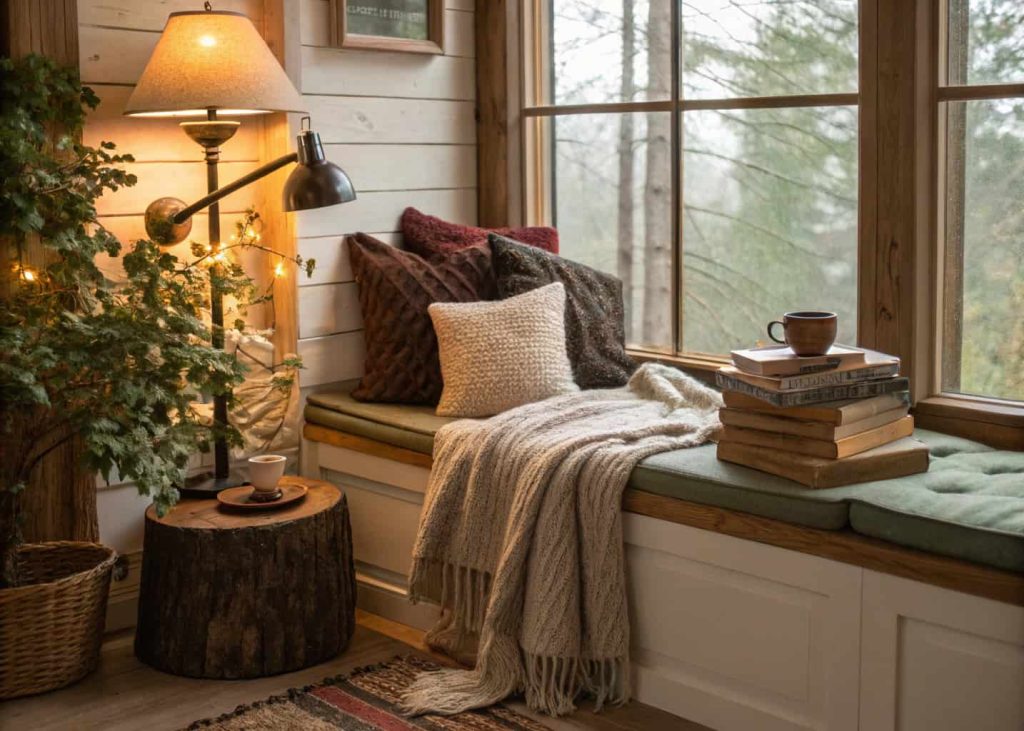 Cozy cottage reading nook with window seat, thick cushions, knit blankets, wooden side table with tea mug, warm lamp light, stacked books, potted plant, earthy natural tones, peaceful and inviting atmosphere