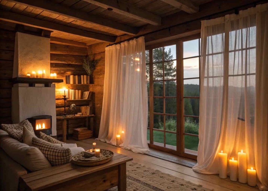 Earthy cottage living room at dusk with warm lamp light, candles glowing on wooden shelf, sheer linen curtains with soft natural light, cozy warm amber lighting, no harsh overhead lights, intimate and relaxing atmosphere
