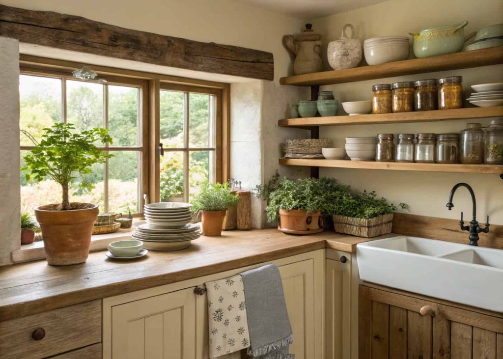Cottage kitchen with open wooden shelves, handmade ceramic dishes, glass jars of spices, potted herbs on windowsill, farmhouse sink, linen towel, warm earthy tones, natural light, rustic and cozy kitchen styling