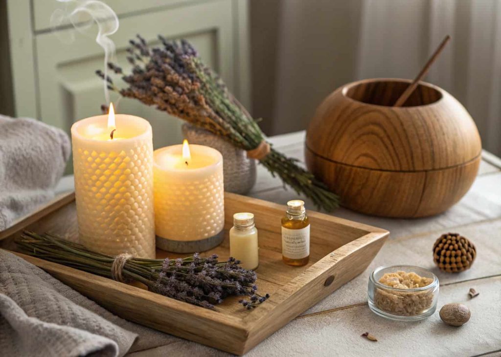 Cozy cottage corner with beeswax candles lit, dried lavender bundles, essential oil diffuser, wooden tray with natural scent items, warm earthy tones, soft candlelight glow, peaceful and sensory home styling