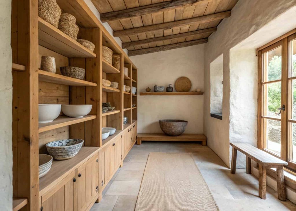 Minimalist earthy cottage interior with clean wooden shelves, one beautiful ceramic bowl as centerpiece, breathing room between decor, warm natural tones, uncluttered peaceful space, natural light, simple intentional styling