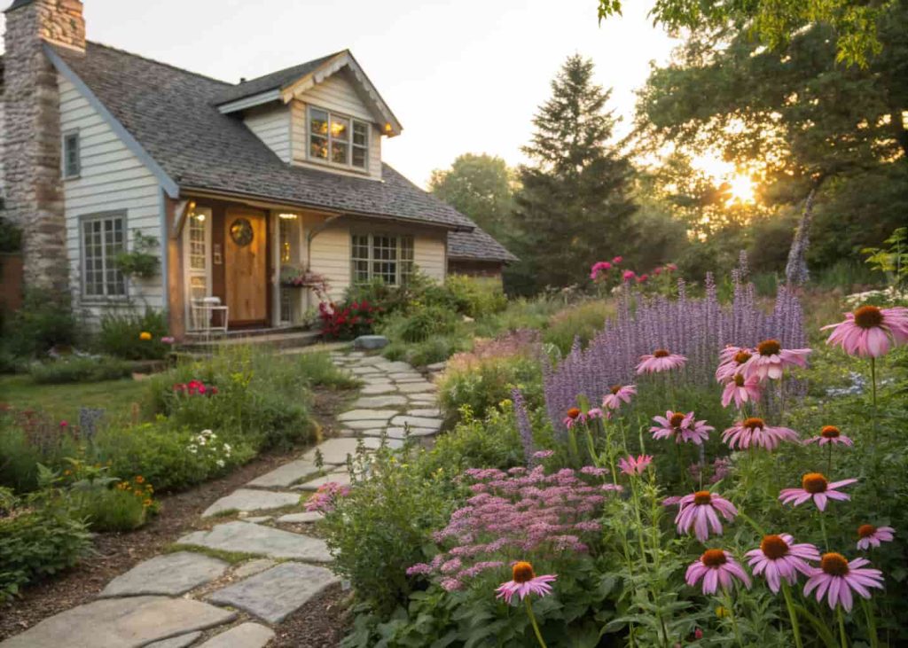 A charming cottage-style front yard overflowing with colorful wildflowers including lavender, coneflowers, and foxglove, with a stone path leading to a cozy front door, soft natural lighting, warm afternoon sun, photography style.