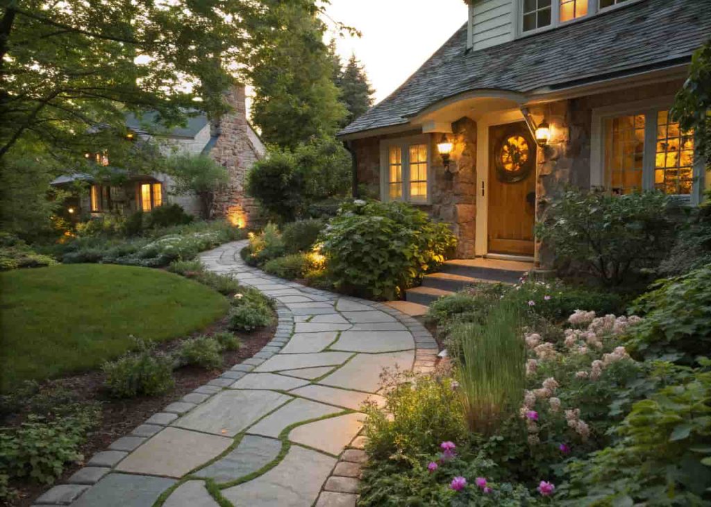 A beautiful curved flagstone garden path lined with low-growing flowers and greenery leading to a charming cottage front door, surrounded by lush green plants, golden hour lighting, warm and welcoming, landscape photography.