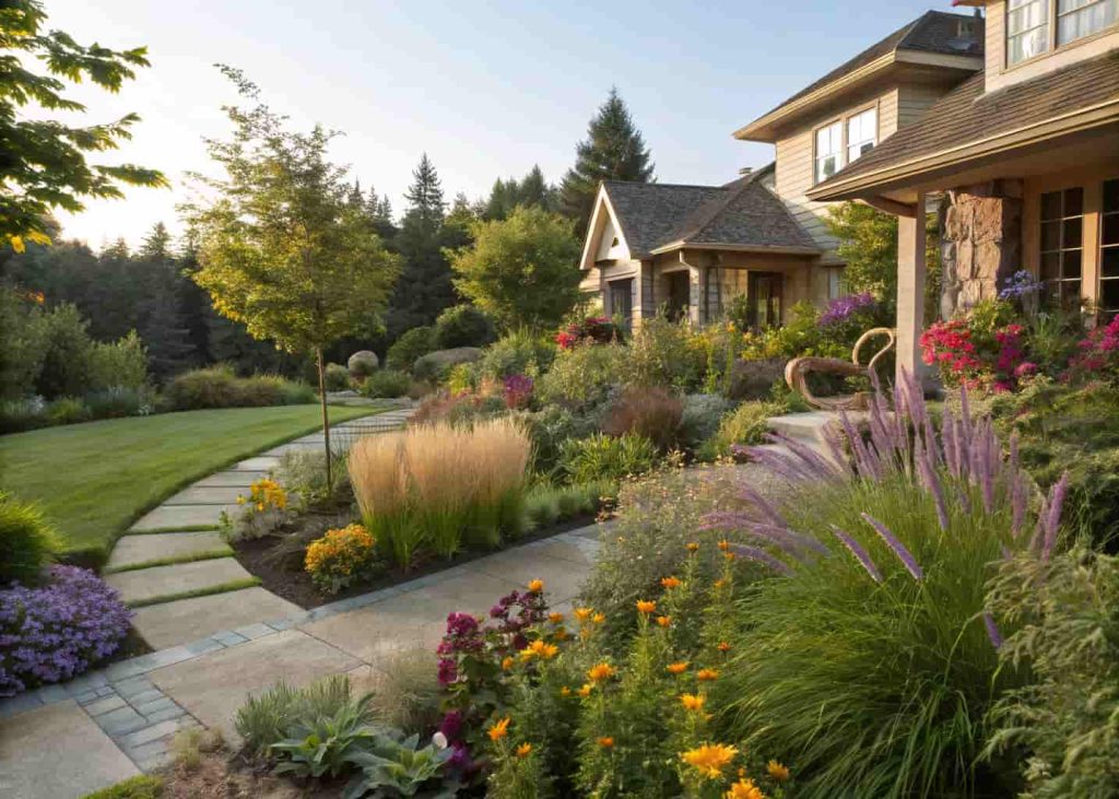 A front yard garden with beautifully layered plants — tall ornamental grasses at the back, medium salvia and daylilies in the middle, low ground covers at the front, lush and full, bright natural daylight, professional landscape design photography.