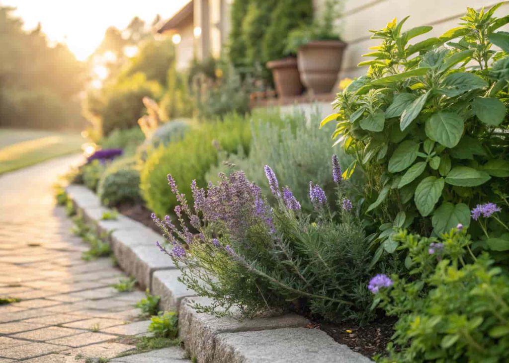 A lush fragrant herb border along a home's front walkway featuring rosemary, lavender, thyme, and mint in full bloom, close-up with soft bokeh background, warm sunlight, inviting and aromatic garden, lifestyle photography.